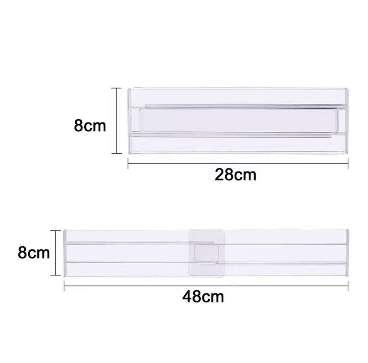 מידות גודל של ארבעה חוצצי פלסטיק לסדר וארגון במגירה
