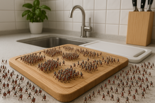 מהפכת קרש חיתוך טיטניום - חיילים רומאים נלחמים בקרש חיתוך מעץ במטבח מודרני