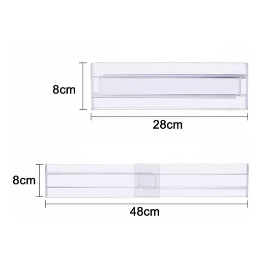 מידות גודל של ארבעה חוצצי פלסטיק לסדר וארגון במגירה