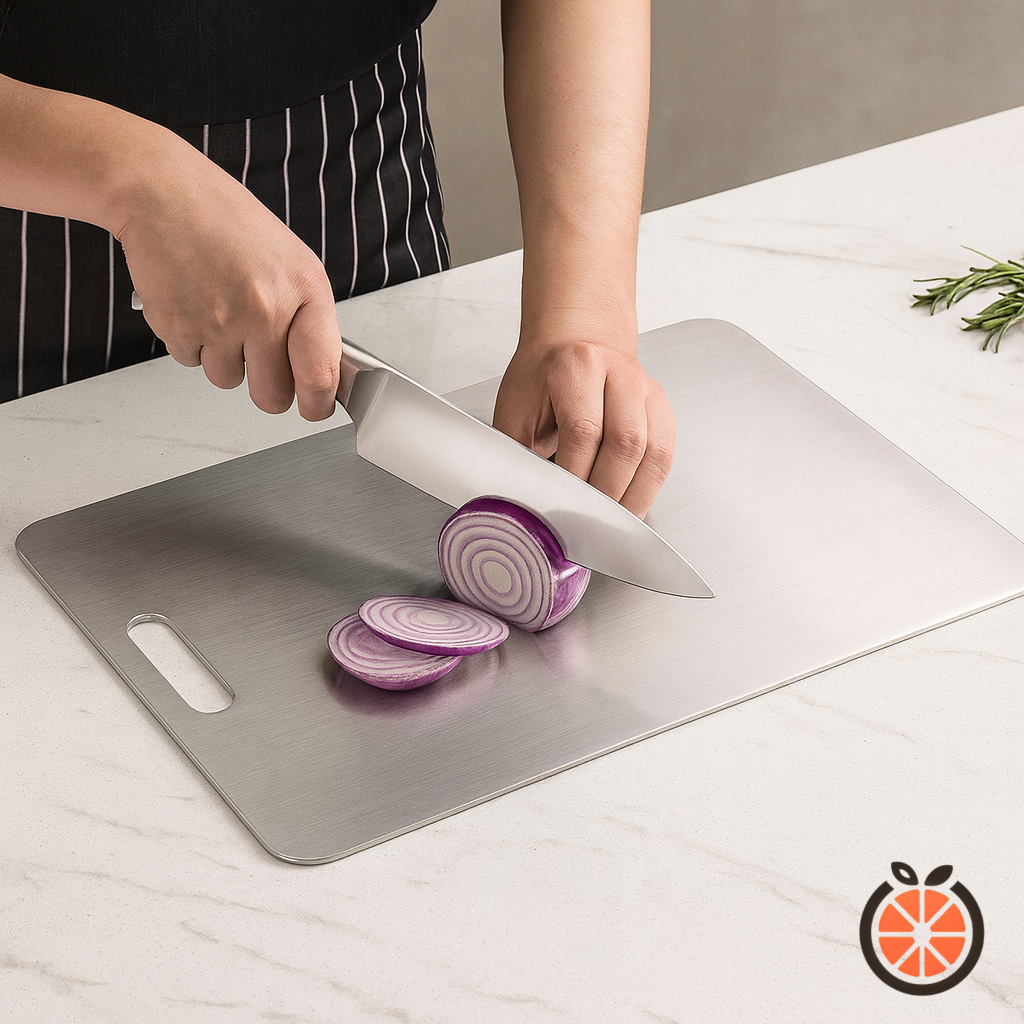 אישה חותכת בצל על קרש חיתוך מטיטניום על השיש